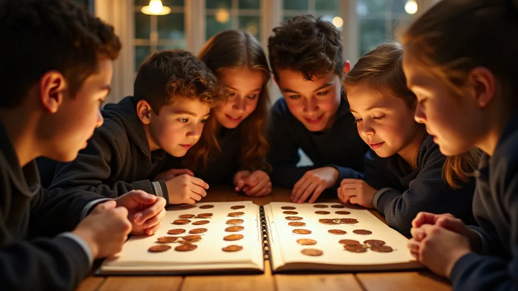Group of people examining a pressed penny collection.