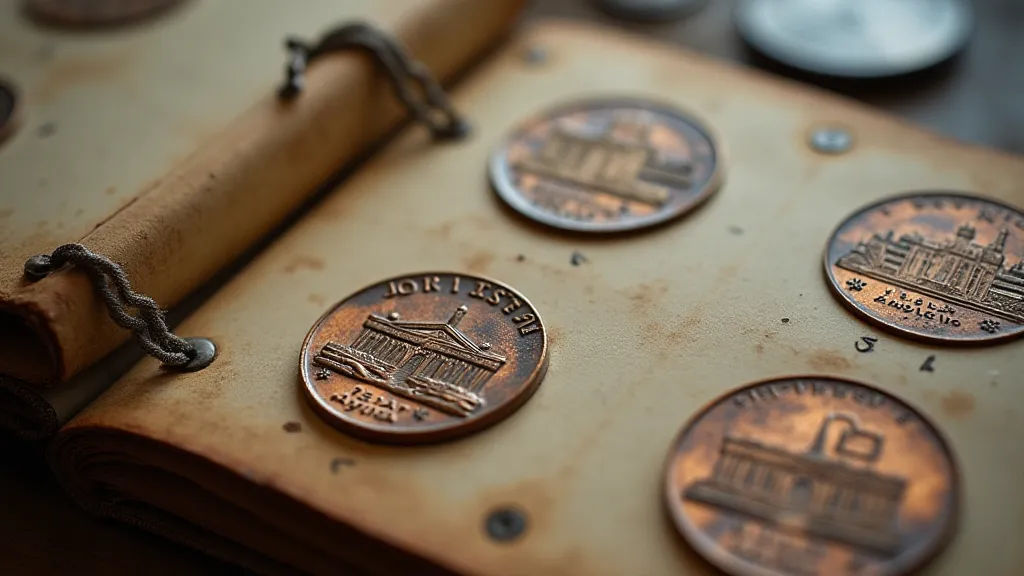 Antique pressed pennies in an album