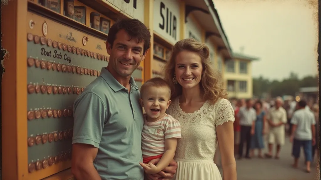 Family at a pressed penny machine in the past